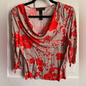 INC International Concepts Grey/Taupe/Red Cowl Neck Floral Embellished Blouse XL